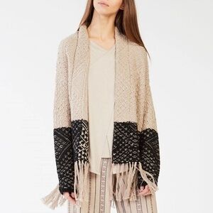 BCBG Eliana Fringe Cardigan Women Tan/Black Knit Jacquard Long Sleeve Size M/L